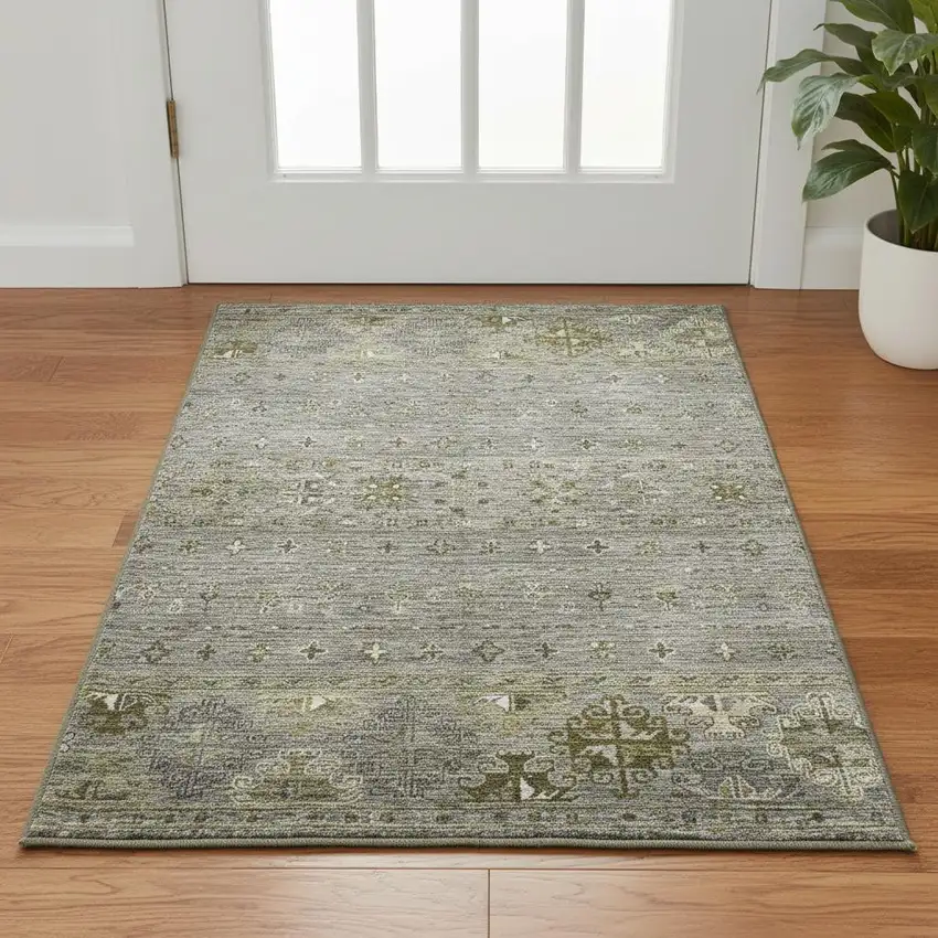 Pewter Olive Green And Beige Tribal Washable Area Rug With UV Protection Photo 2