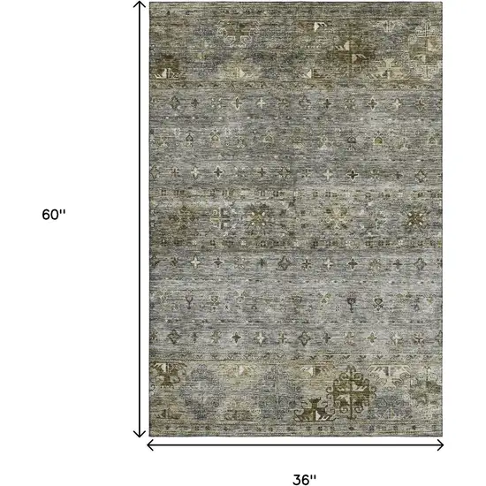 Pewter Olive Green And Beige Tribal Washable Area Rug With UV Protection Photo 3