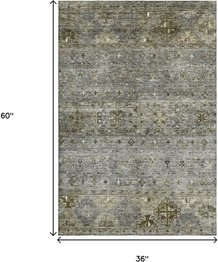 Pewter Olive Green And Beige Tribal Washable Area Rug With UV Protection Photo 3