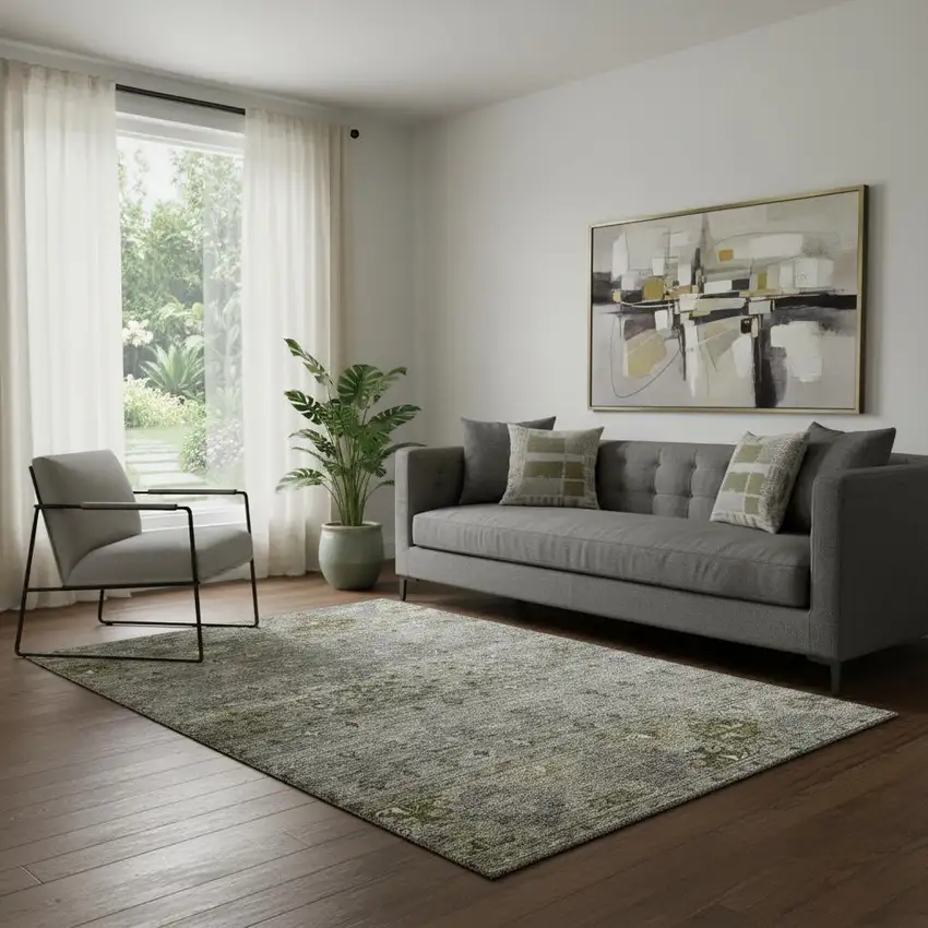 Pewter Olive Green And Beige Tribal Washable Area Rug With UV Protection Photo 2