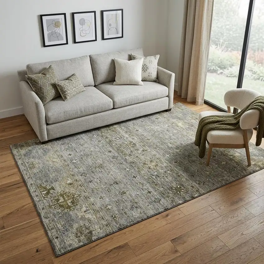 Pewter Olive Green And Beige Tribal Washable Area Rug With UV Protection Photo 1