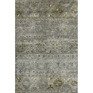 Photo of Pewter Olive Green And Beige Tribal Washable Area Rug With UV Protection