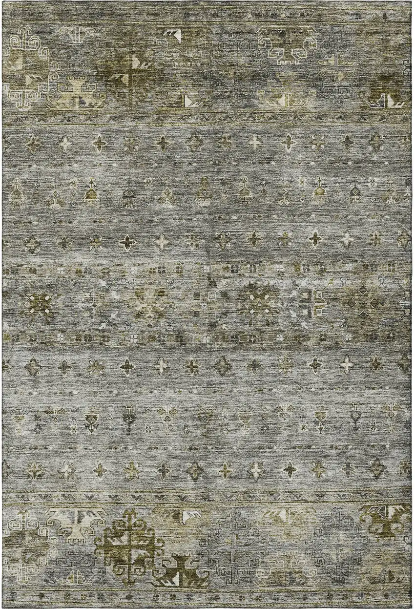 Pewter Olive Green And Beige Tribal Washable Area Rug With UV Protection Photo 3