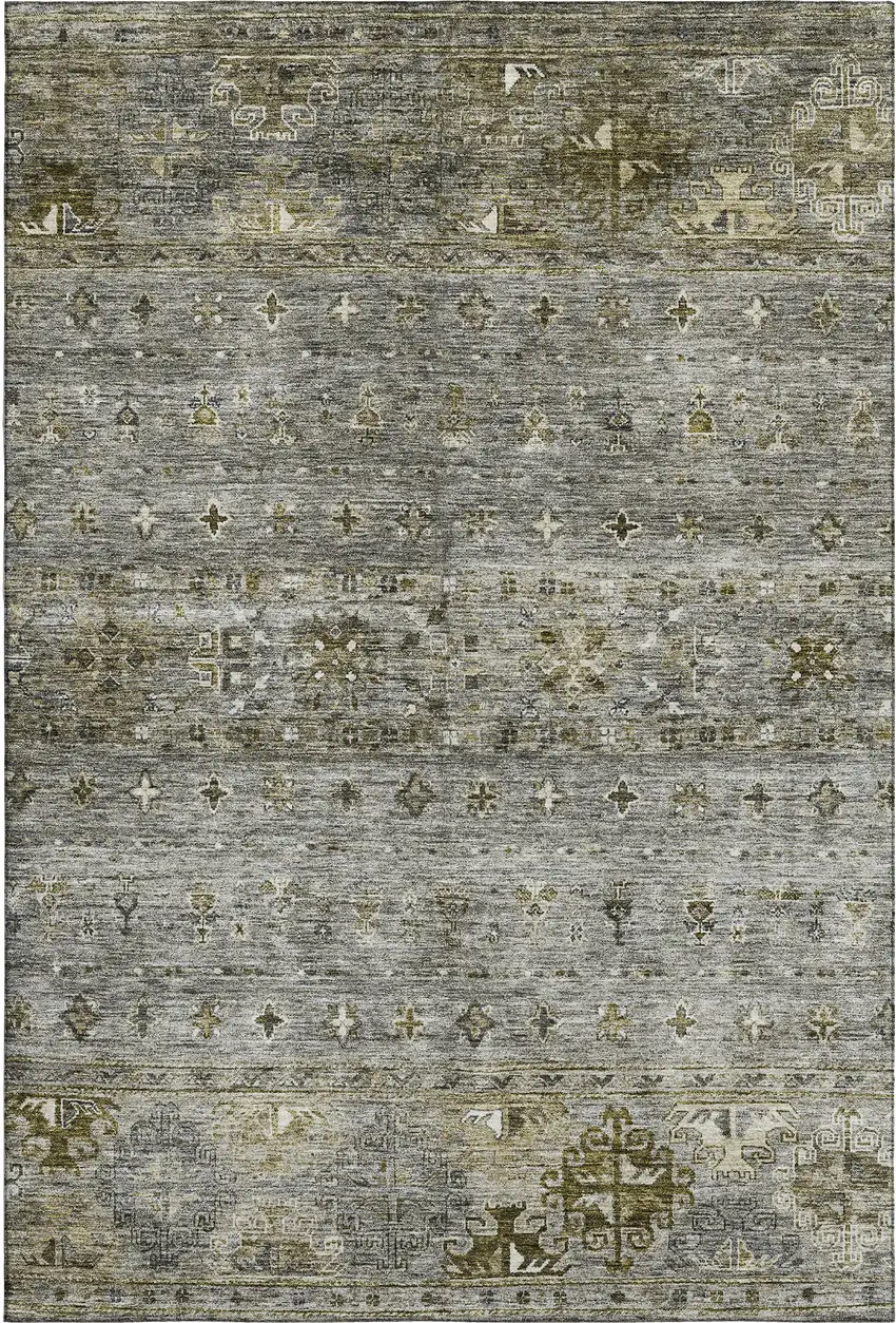 Pewter Olive Green And Beige Tribal Washable Area Rug With UV Protection Photo 1