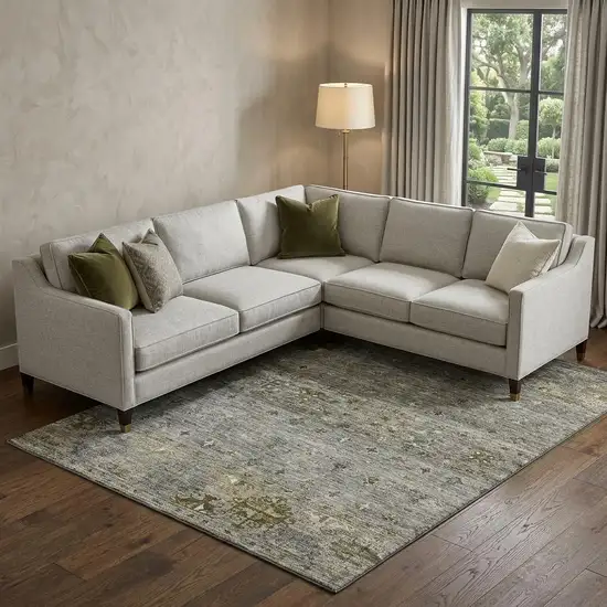 Pewter Olive Green And Beige Tribal Washable Area Rug With UV Protection Photo 1