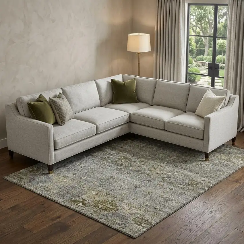 Pewter Olive Green And Beige Tribal Washable Area Rug With UV Protection Photo 1