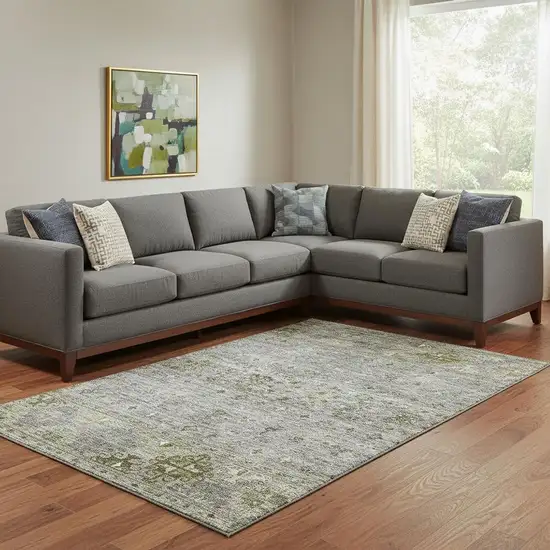 Pewter Olive Green And Beige Tribal Washable Area Rug With UV Protection Photo 2