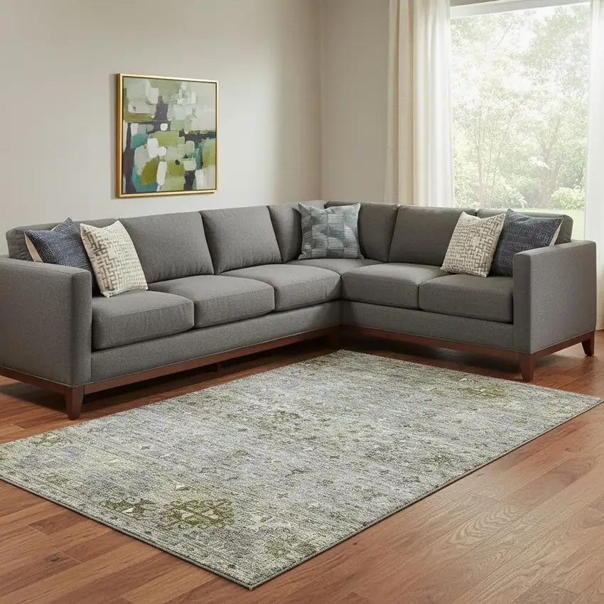 Pewter Olive Green And Beige Tribal Washable Area Rug With UV Protection Photo 2