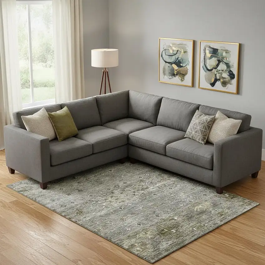 Pewter Olive Green And Beige Tribal Washable Area Rug With UV Protection Photo 2