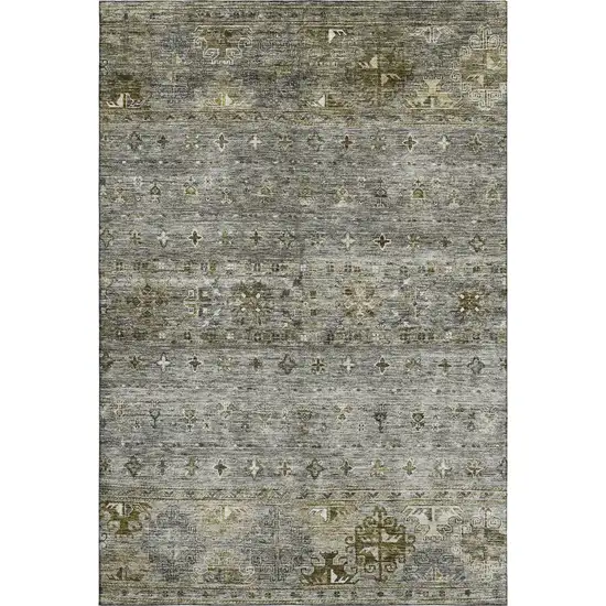 Pewter Olive Green And Beige Tribal Washable Area Rug With UV Protection Photo 1
