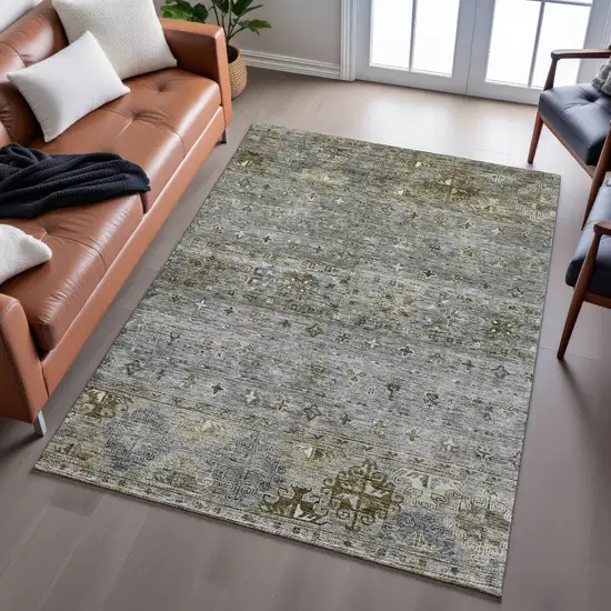 Pewter Olive Green And Beige Tribal Washable Area Rug With UV Protection Photo 5