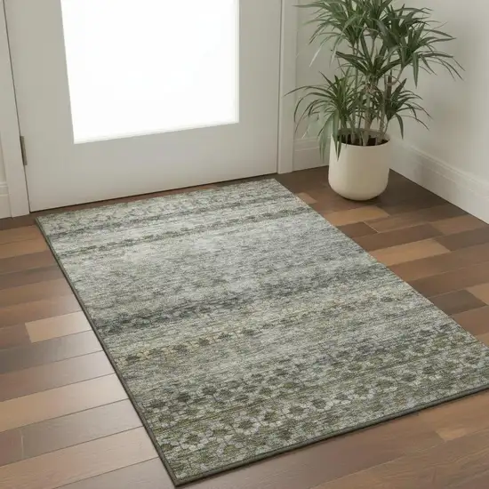 Pewter Olive Green And Silver Striped Washable Area Rug With UV Protection Photo 2