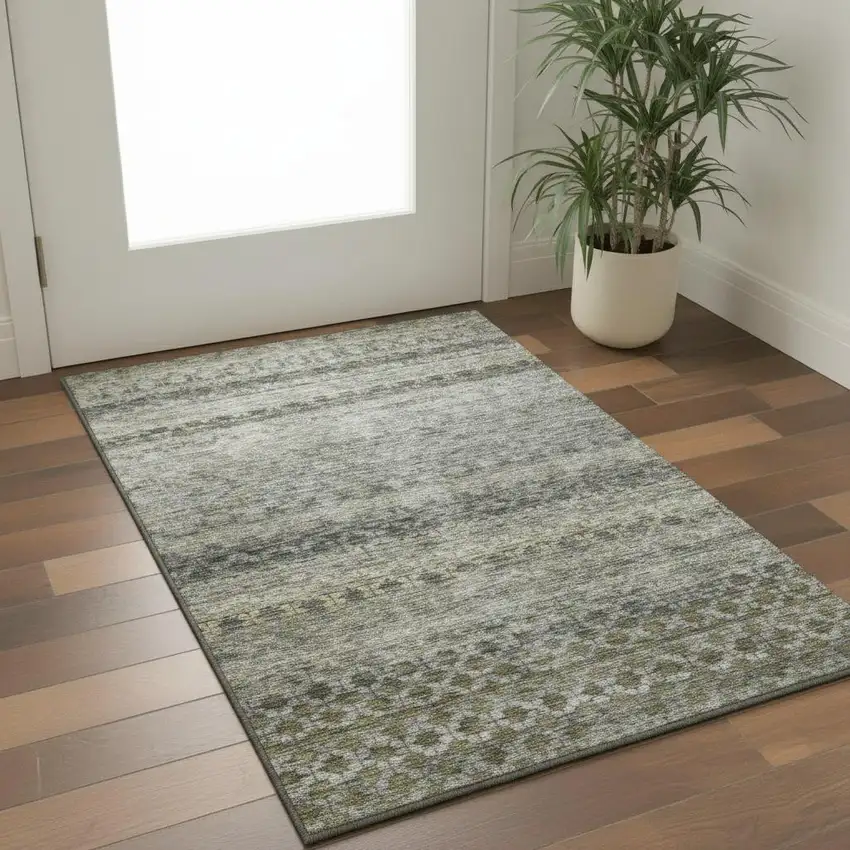 Pewter Olive Green And Silver Striped Washable Area Rug With UV Protection Photo 2