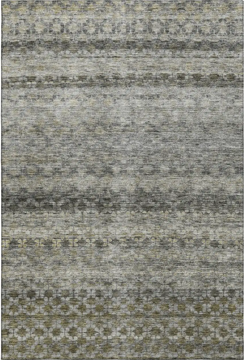 Pewter Olive Green And Silver Striped Washable Area Rug With UV Protection Photo 1