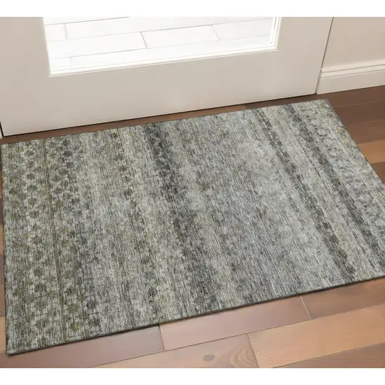Pewter Olive Green And Silver Striped Washable Area Rug With UV Protection Photo 1