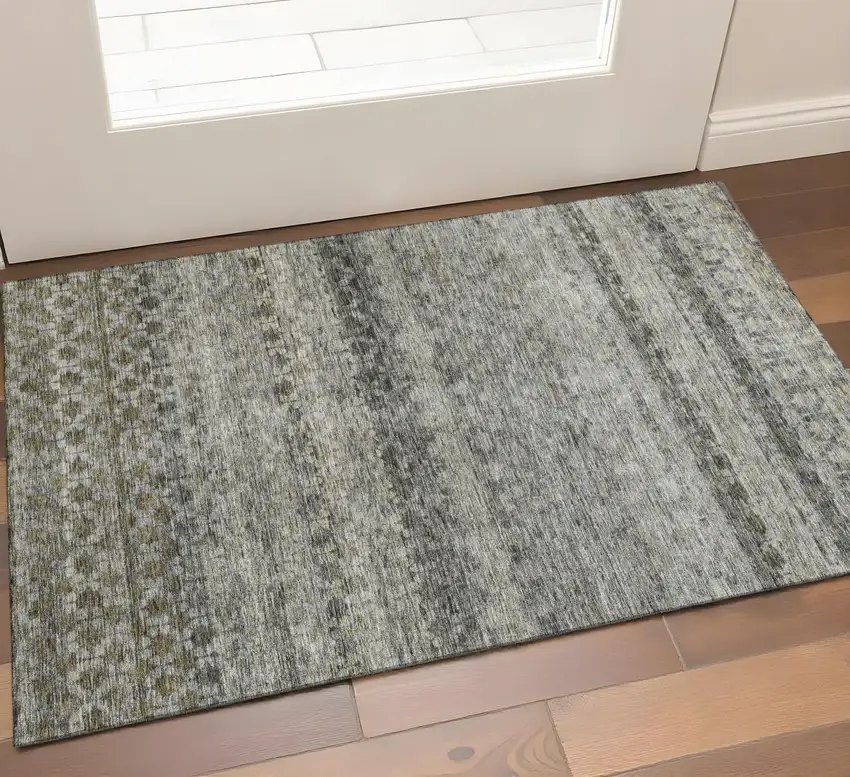 Pewter Olive Green And Silver Striped Washable Area Rug With UV Protection Photo 1