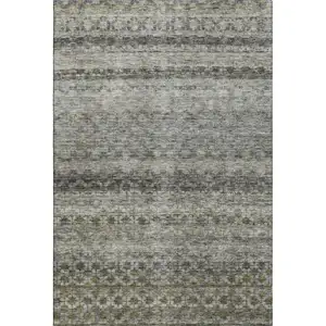 Photo of Pewter Olive Green And Silver Striped Washable Area Rug With UV Protection