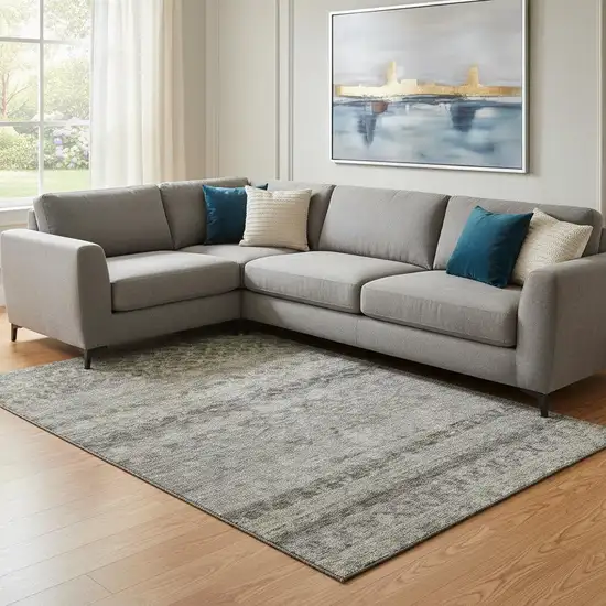 Pewter Olive Green And Silver Striped Washable Area Rug With UV Protection Photo 2