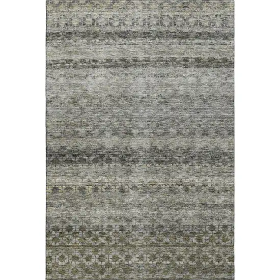 Pewter Olive Green And Silver Striped Washable Area Rug With UV Protection Photo 1
