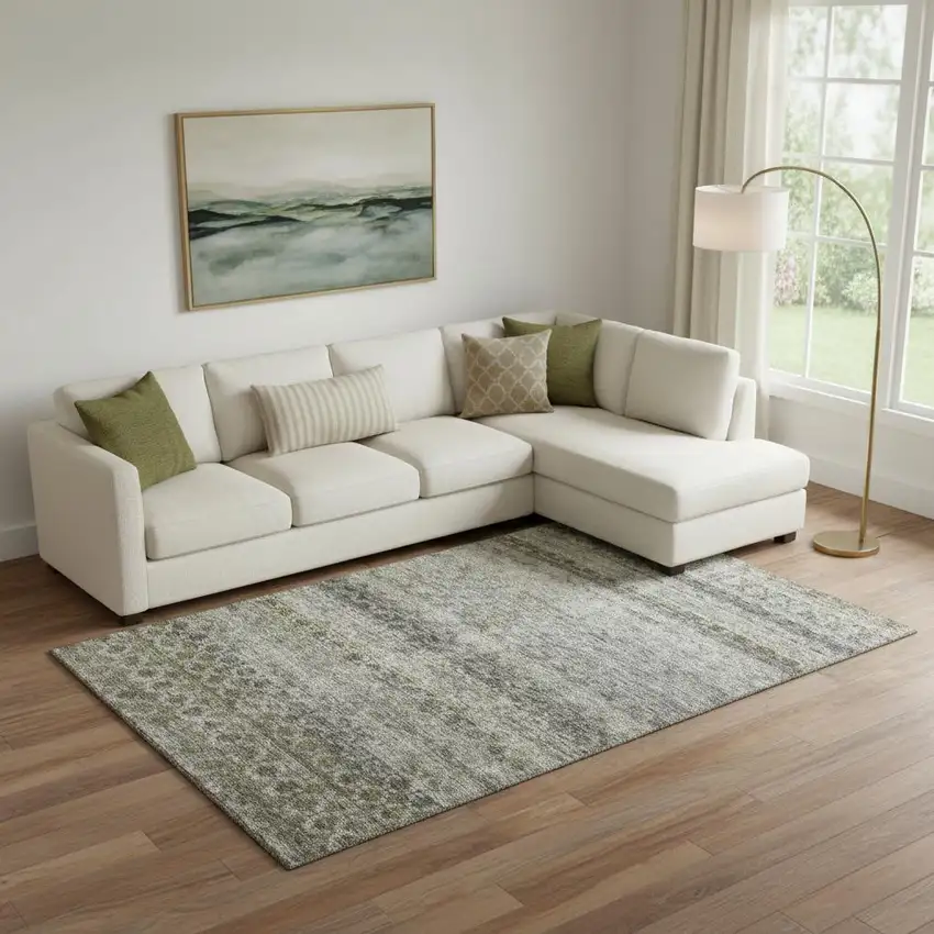 Pewter Olive Green And Silver Striped Washable Area Rug With UV Protection Photo 2