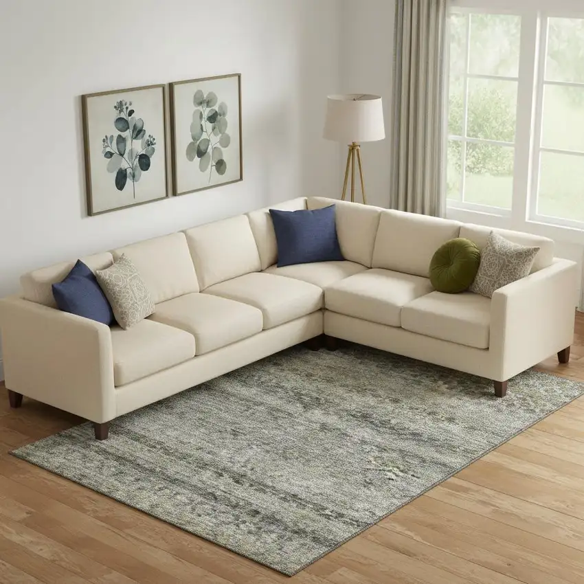 Pewter Olive Green And Silver Striped Washable Area Rug With UV Protection Photo 2