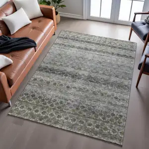 Photo of Pewter Olive Green And Silver Striped Washable Area Rug With UV Protection