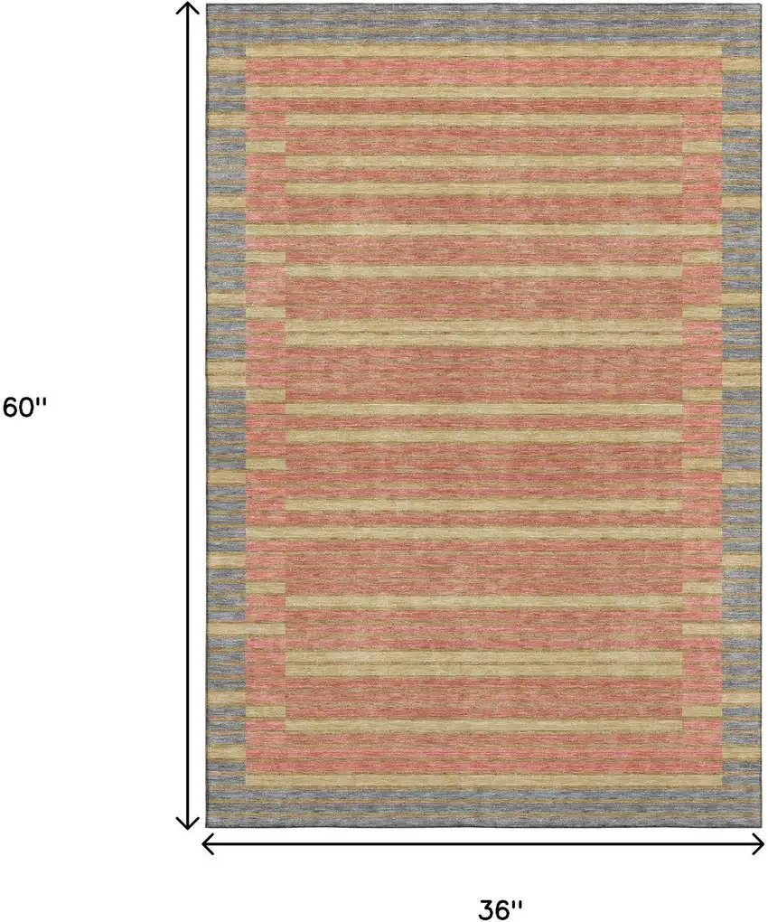 Pewter Salmon And Gold Striped Washable Area Rug With UV Protection Photo 3