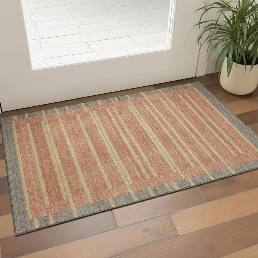 Pewter Salmon And Gold Striped Washable Area Rug With UV Protection Photo 2