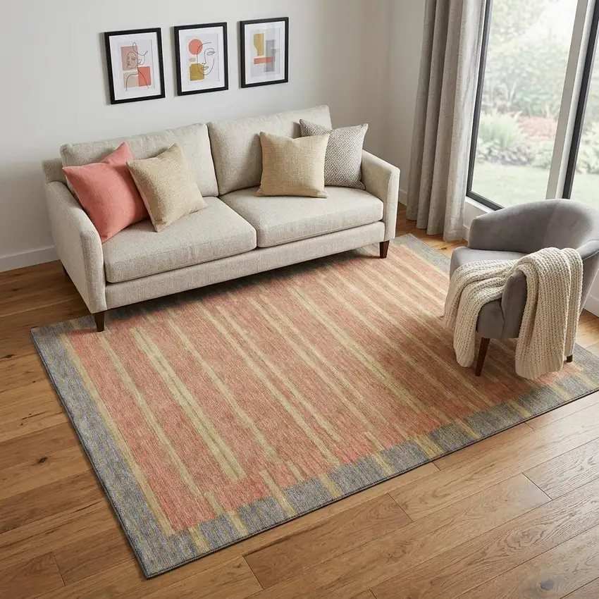 Pewter Salmon And Gold Striped Washable Area Rug With UV Protection Photo 1