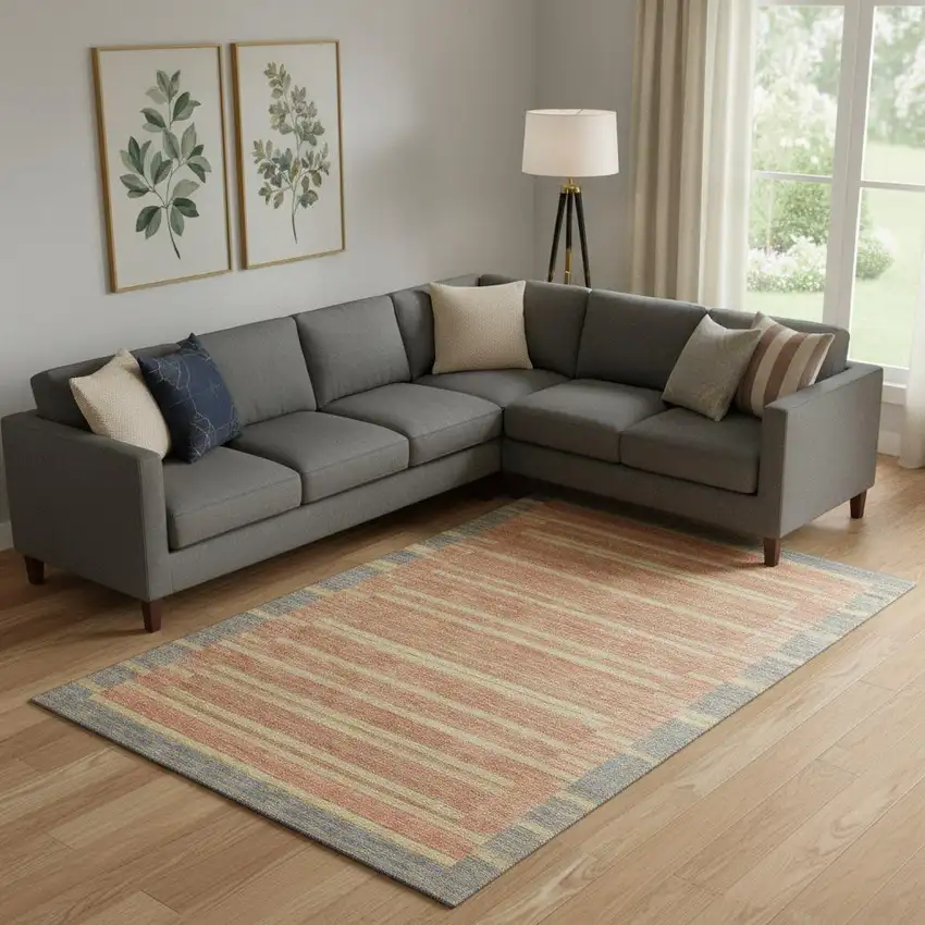 Pewter Salmon And Gold Striped Washable Area Rug With UV Protection Photo 2