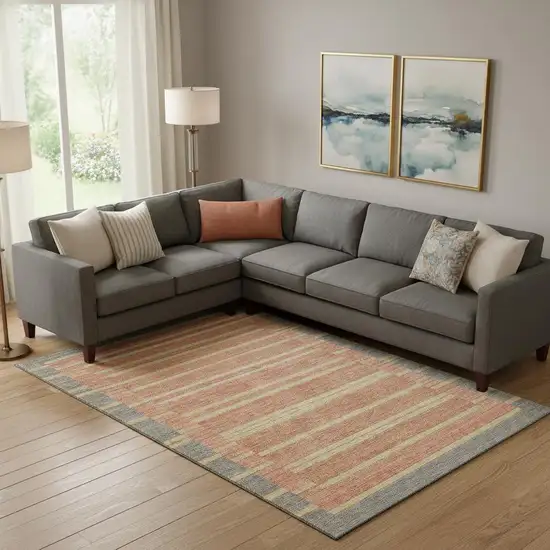 Pewter Salmon And Gold Striped Washable Area Rug With UV Protection Photo 2