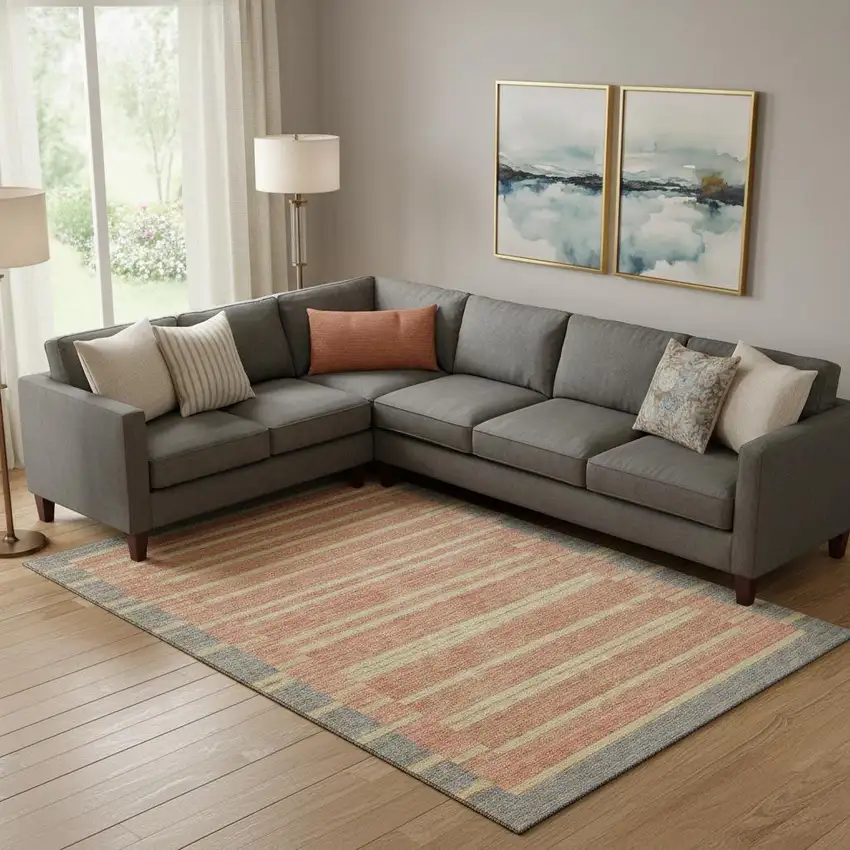 Pewter Salmon And Gold Striped Washable Area Rug With UV Protection Photo 2