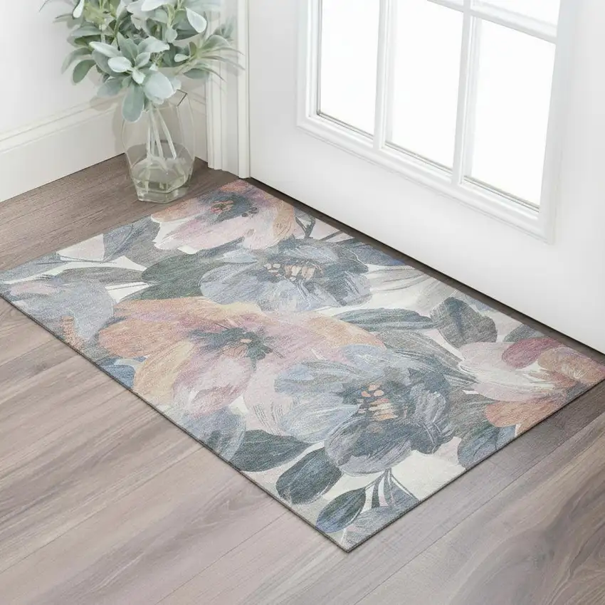 Pewter Salmon And Gray Floral Washable Area Rug With UV Protection Photo 2