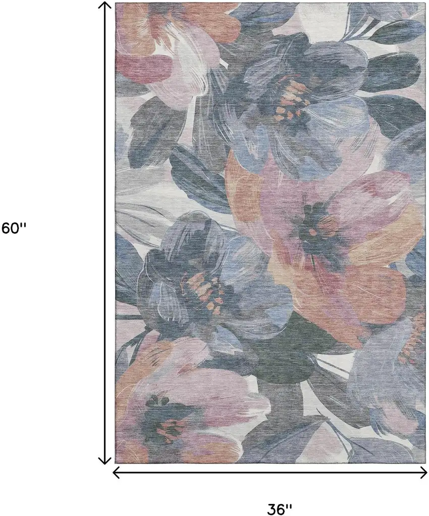 Pewter Salmon And Gray Floral Washable Area Rug With UV Protection Photo 9