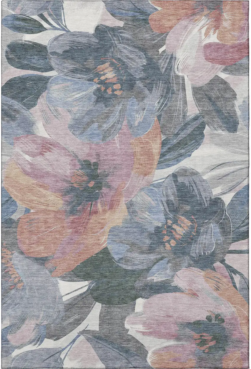 Pewter Salmon And Gray Floral Washable Area Rug With UV Protection Photo 2