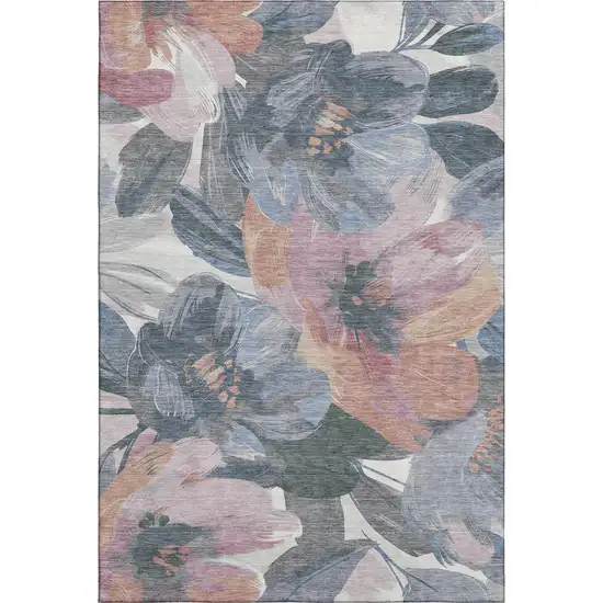 Pewter Salmon And Gray Floral Washable Area Rug With UV Protection Photo 1