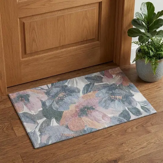 Pewter Salmon And Gray Floral Washable Area Rug With UV Protection Photo 1