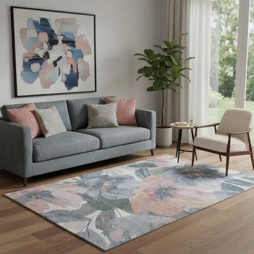 Pewter Salmon And Gray Floral Washable Area Rug With UV Protection Photo 2