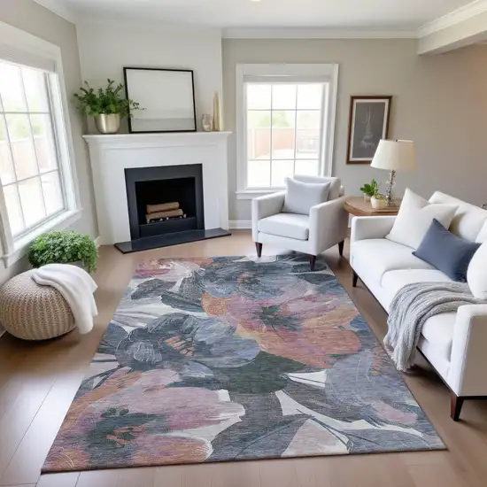 Pewter Salmon And Gray Floral Washable Area Rug With UV Protection Photo 4
