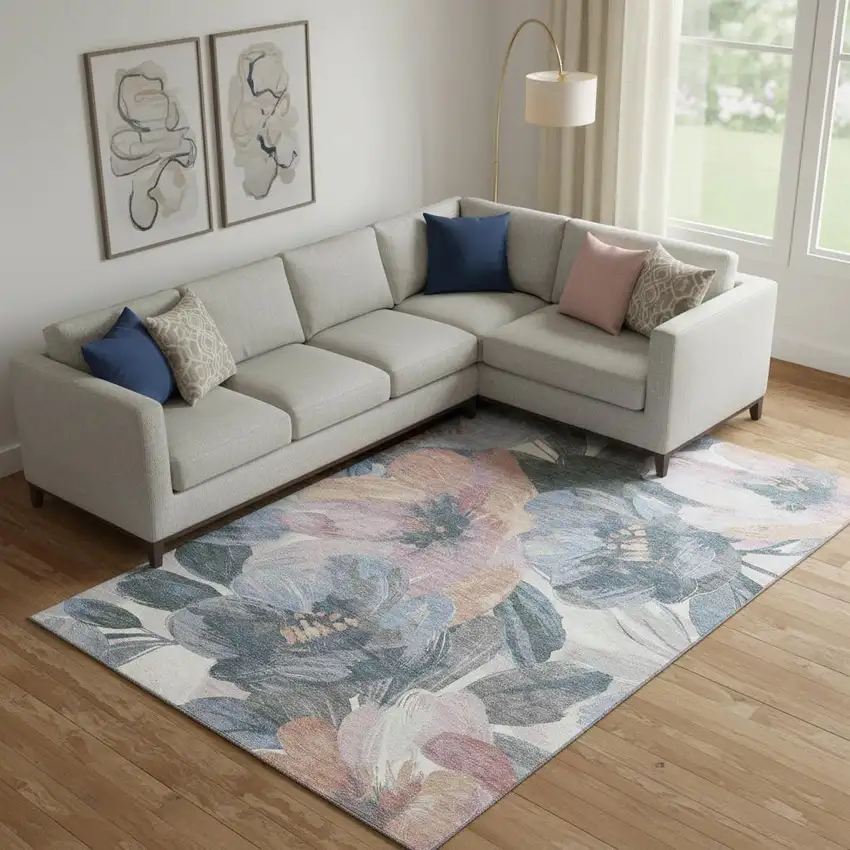 Pewter Salmon And Gray Floral Washable Area Rug With UV Protection Photo 2