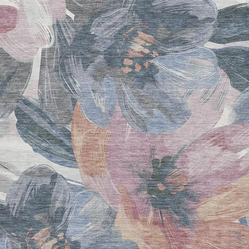 Pewter Salmon And Gray Floral Washable Area Rug With UV Protection Photo 2