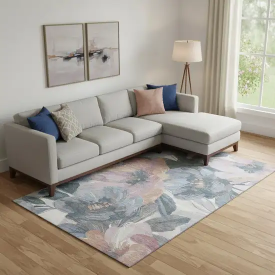 Pewter Salmon And Gray Floral Washable Area Rug With UV Protection Photo 2