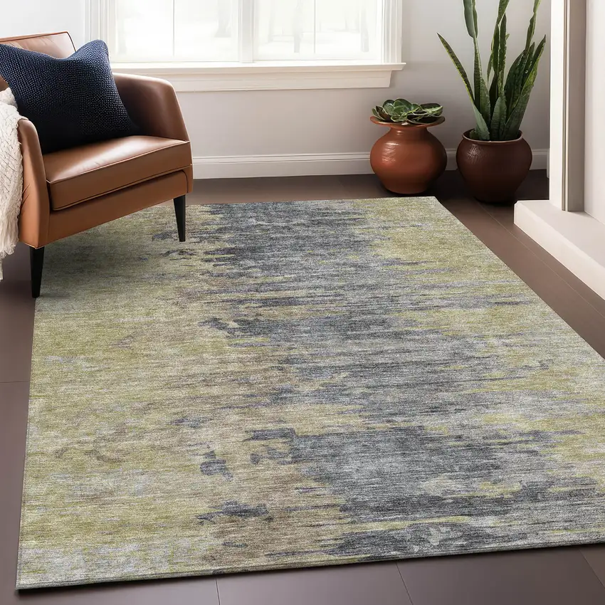 Pewter Silver And Gold Abstract Washable Area Rug With UV Protection Photo 5