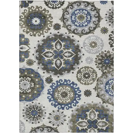Pewter Silver And Gray Floral Medallion Washable Indoor Outdoor Area Rug Photo 2
