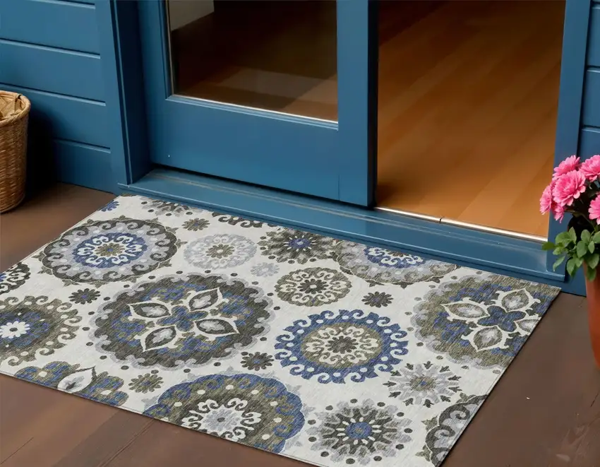 Pewter Silver And Gray Floral Medallion Washable Indoor Outdoor Area Rug Photo 1