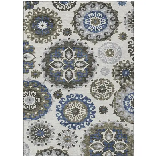 Pewter Silver And Gray Floral Medallion Washable Indoor Outdoor Area Rug Photo 1