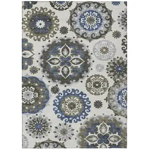Photo of Pewter Silver And Gray Floral Medallion Washable Indoor Outdoor Area Rug