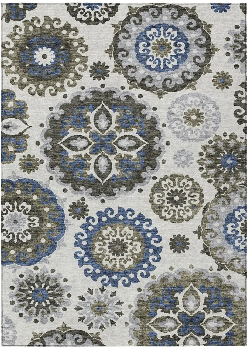 Pewter Silver And Gray Floral Medallion Washable Indoor Outdoor Area Rug Photo 1
