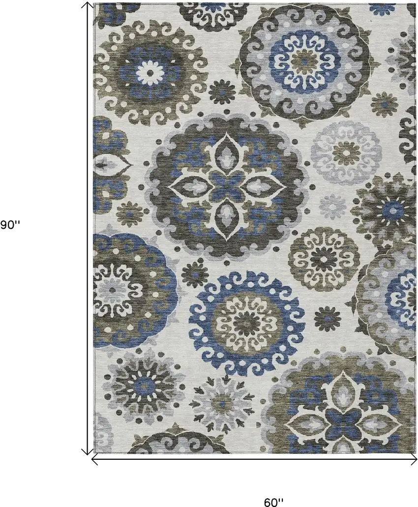 Pewter Silver And Gray Floral Medallion Washable Indoor Outdoor Area Rug Photo 3