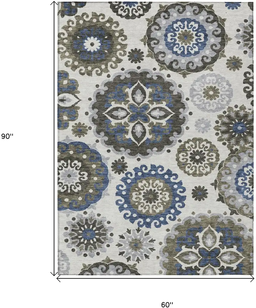 Pewter Silver And Gray Floral Medallion Washable Indoor Outdoor Area Rug Photo 3